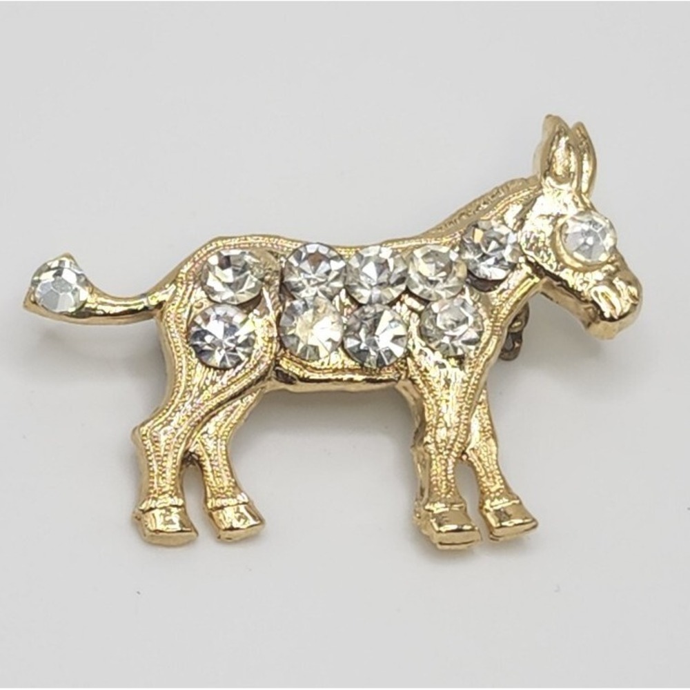 Democrat Rhinestone Donkey Gold Tone Political Retro Brooch Pin Horse Equestrian